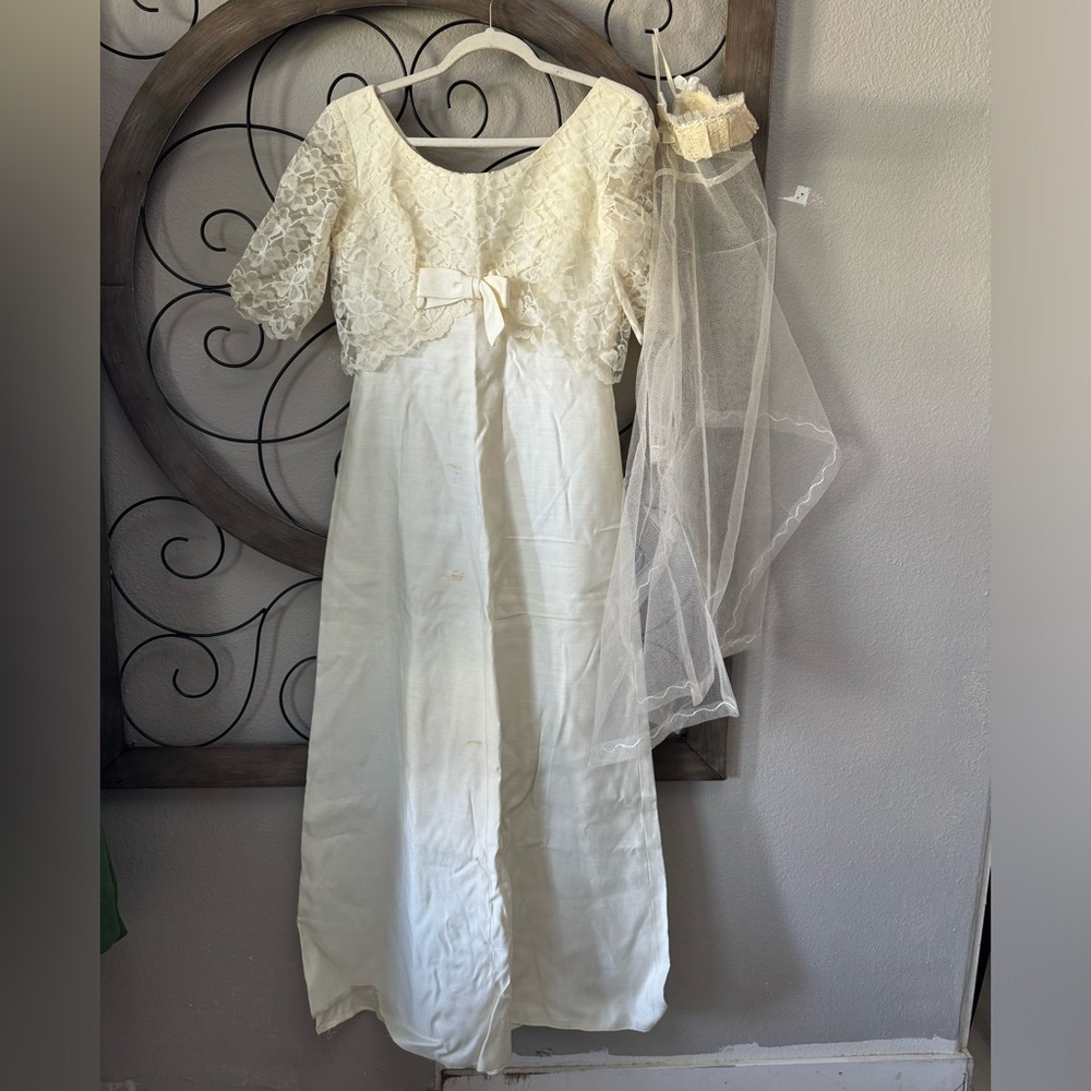 Vintage‎ Emma Domb Wedding Dress & Veil Linen Lace Woman's 12 Union